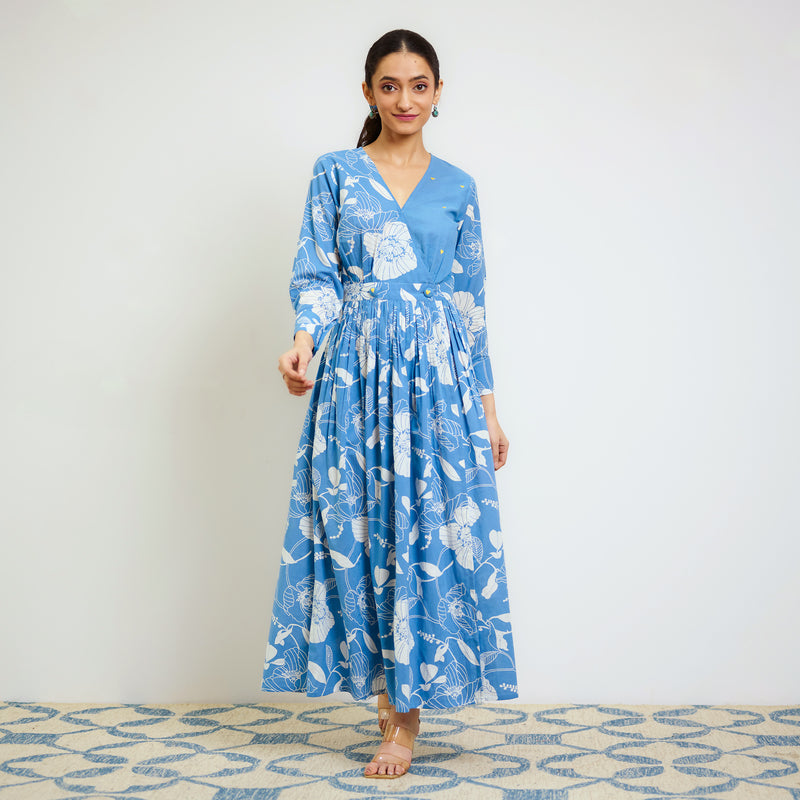 Sky Blue Ayesha Cotton Overlap Dress with Hand Embroidery Detail