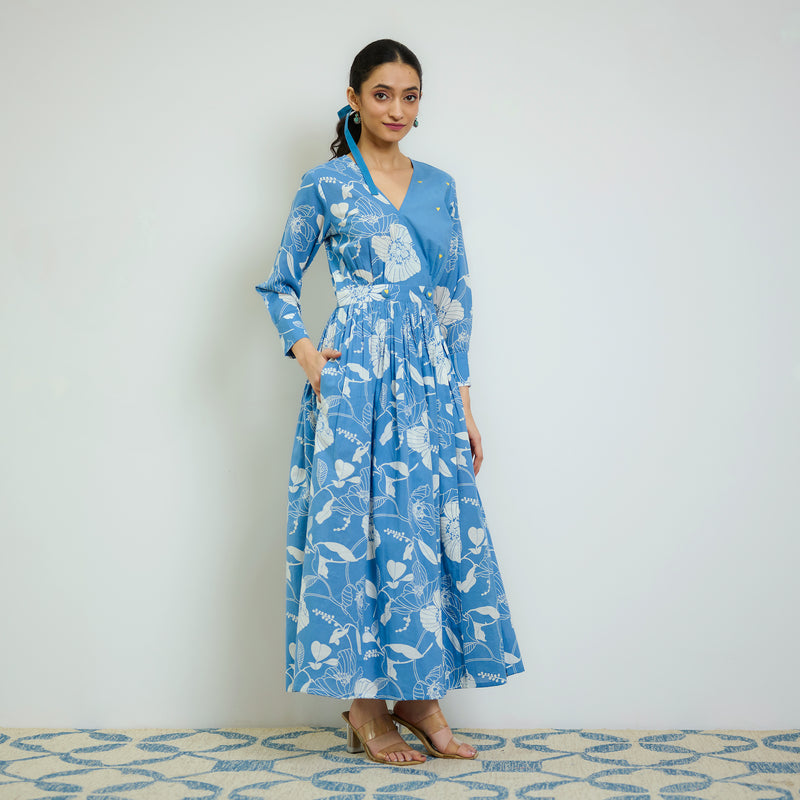 Sky Blue Ayesha Cotton Overlap Dress with Hand Embroidery Detail