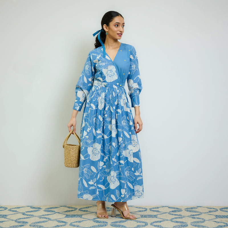 Sky Blue Ayesha Cotton Overlap Dress with Hand Embroidery Detail