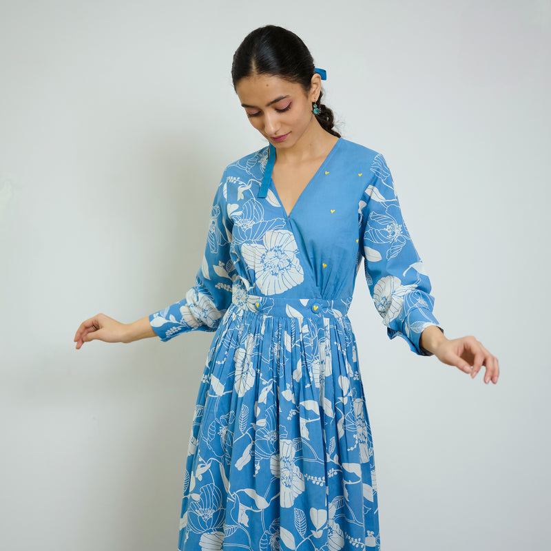 Sky Blue Ayesha Cotton Overlap Dress with Hand Embroidery Detail