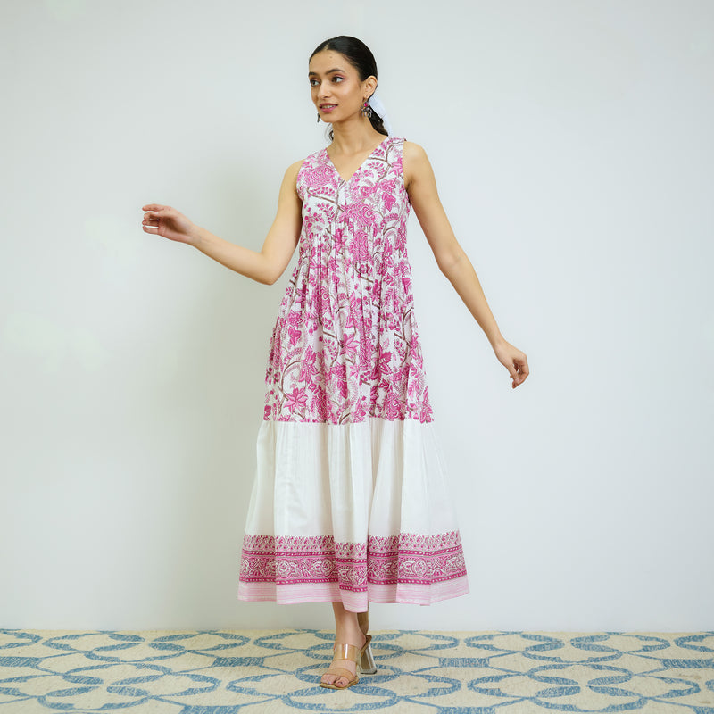 Rani Pink Sanganeri Printed Cotton Tier Dress