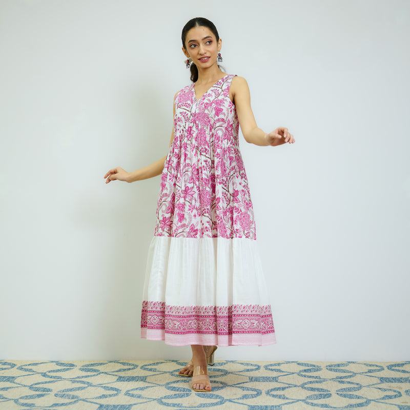 Rani Pink Sanganeri Printed Cotton Tier Dress