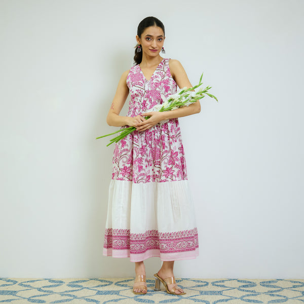 Rani Pink Sanganeri Printed Cotton Tier Dress