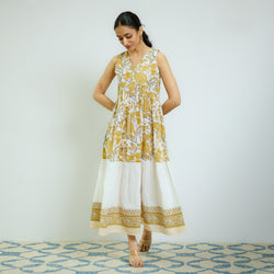 Ochre Yellow Sanganeri Printed Cotton Tier Dress