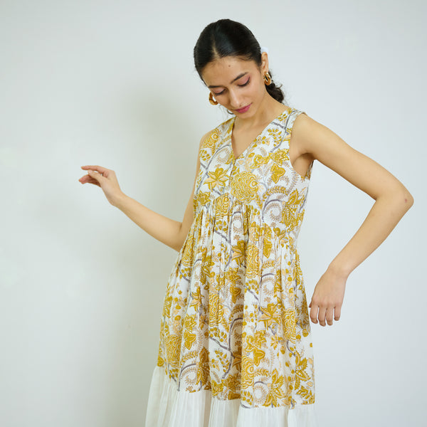 Ochre Yellow Sanganeri Printed Cotton Tier Dress