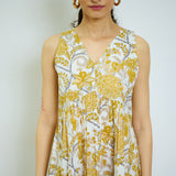 Ochre Yellow Sanganeri Printed Cotton Tier Dress