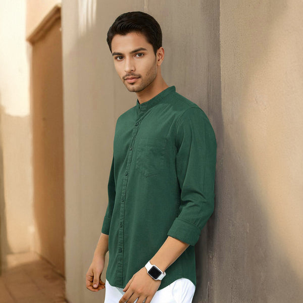 Green Mandarin Collar Solid Linen Cotton Shirt for Men