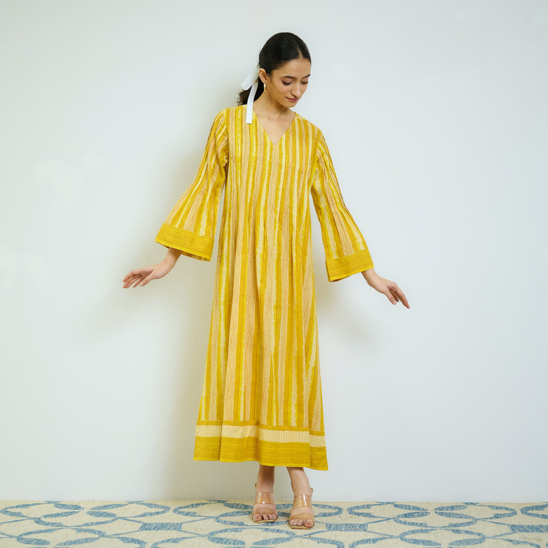 Mango Yellow Cotton A-line Dress with Pintuck Detail