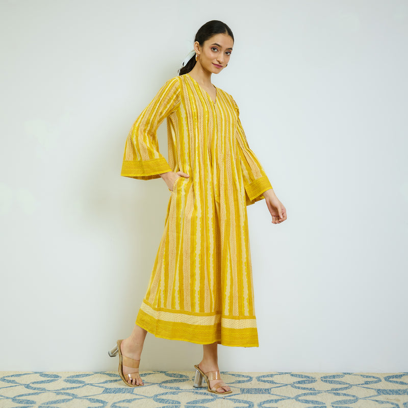 Mango Yellow Cotton A-line Dress with Pintuck Detail