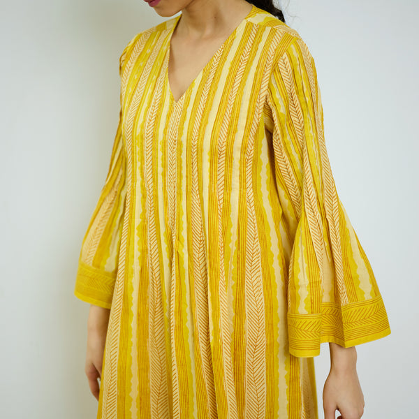 Mango Yellow Cotton A-line Dress with Pintuck Detail