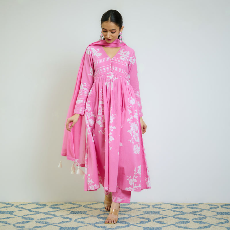 Zehra Pink Cotton Kurta Set with Mul Cotton Dupatta & Tassel Detail