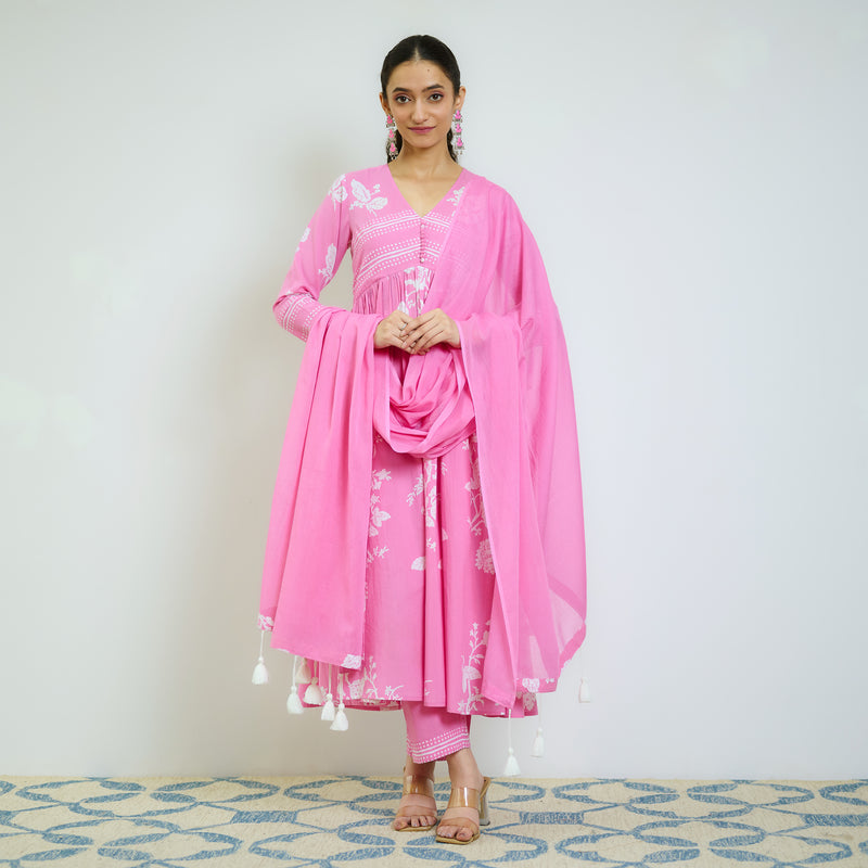 Zehra Pink Cotton Kurta Set with Mul Cotton Dupatta & Tassel Detail