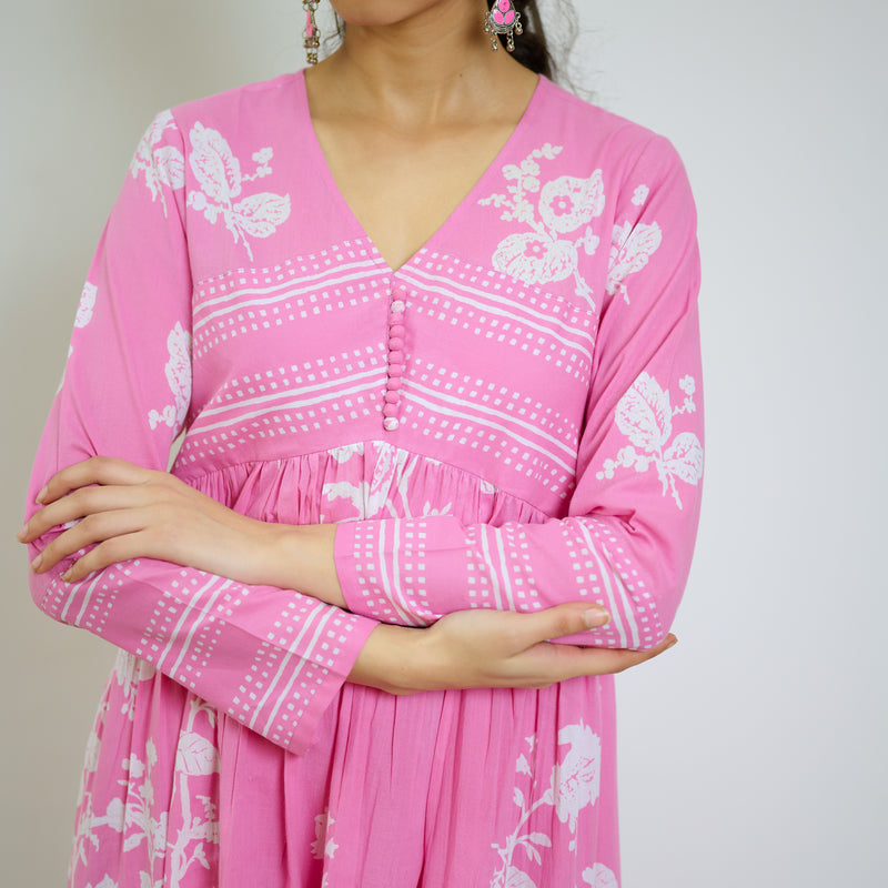 Zehra Pink Cotton Kurta Set with Mul Cotton Dupatta & Tassel Detail