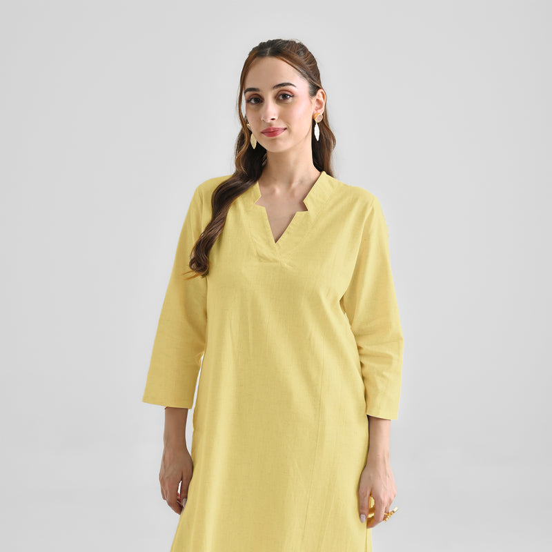 Yellow Linen Cotton Kurta with Notch V Neckline Detail