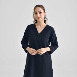 Dark Navy V Neck Linen Cotton Kurta