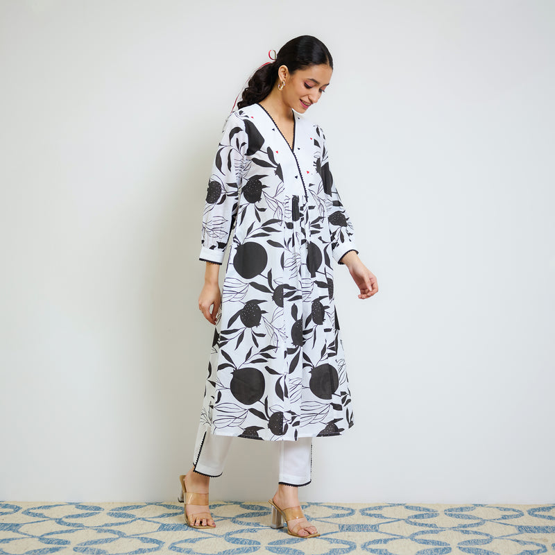 Black & White Love is in the Air Cotton Kurta Set with Hand Embroidery Detail