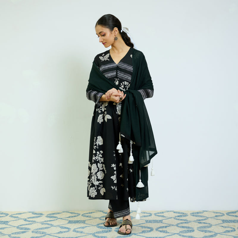 Zehra Black Cotton Kurta Set with Mul Cotton Dupatta & Tassel Detail