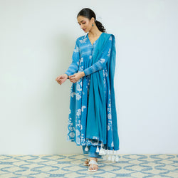 Zehra Electric Blue Cotton Kurta Set with Mul Cotton Dupatta & Tassel Detail