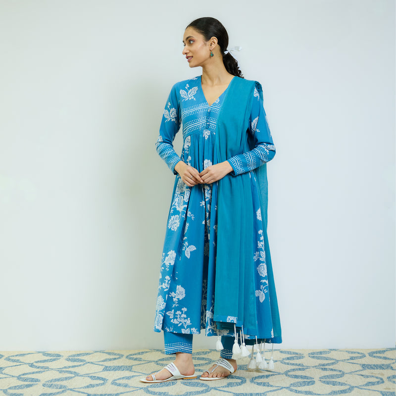 Zehra Electric Blue Cotton Kurta Set with Mul Cotton Dupatta & Tassel Detail