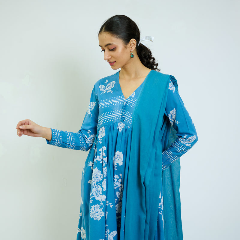 Zehra Electric Blue Cotton Kurta Set with Mul Cotton Dupatta & Tassel Detail