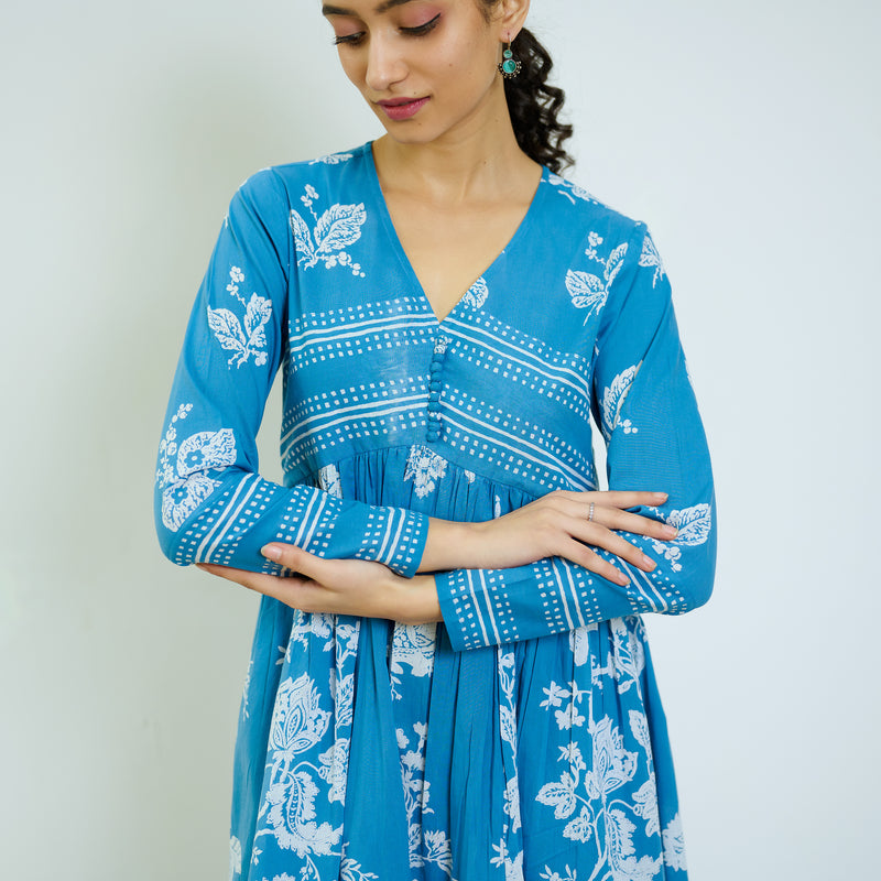 Zehra Electric Blue Cotton Kurta Set with Mul Cotton Dupatta & Tassel Detail