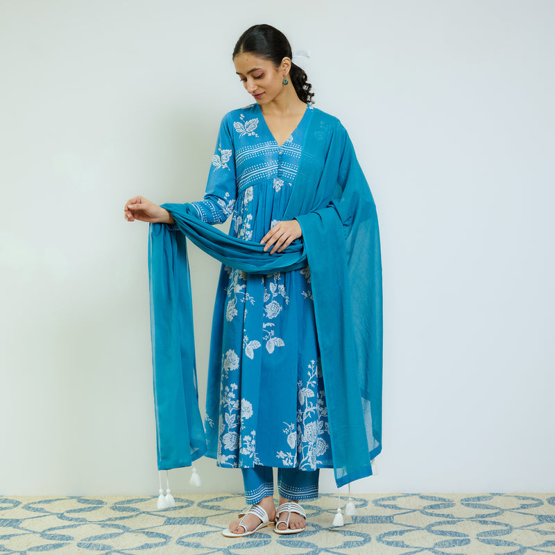 Zehra Electric Blue Cotton Kurta Set with Mul Cotton Dupatta & Tassel Detail