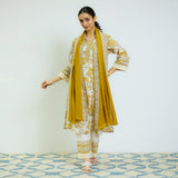 Ochre Yellow Sanganeri Printed Cotton Kurta Set with Contrast Mul Cotton Dupatta