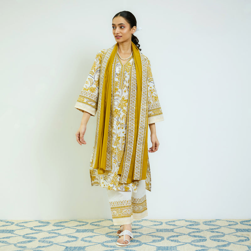 Ochre Yellow Sanganeri Printed Cotton Kurta Set with Contrast Mul Cotton Dupatta