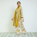 Ochre Yellow Sanganeri Printed Cotton Kurta Set with Contrast Mul Cotton Dupatta