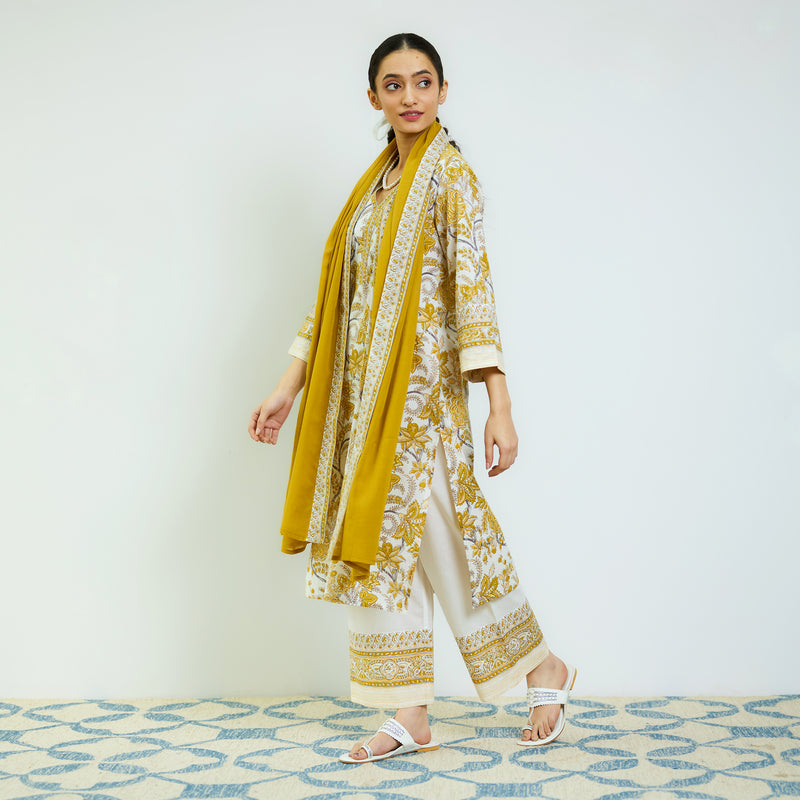 Ochre Yellow Sanganeri Printed Cotton Kurta Set with Contrast Mul Cotton Dupatta