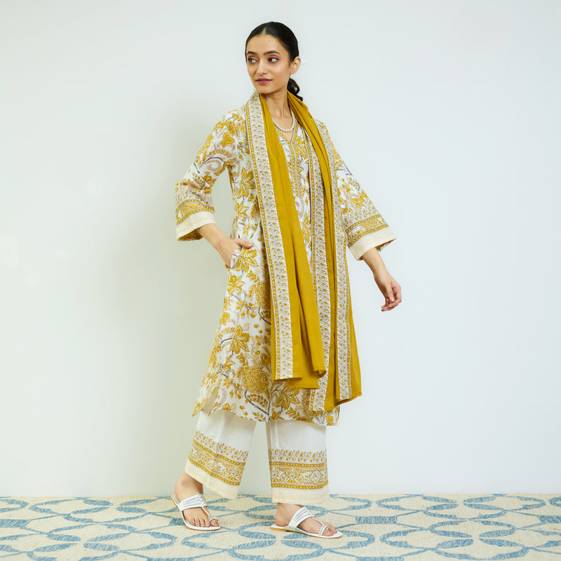 Ochre Yellow Sanganeri Printed Cotton Kurta Set with Contrast Mul Cotton Dupatta