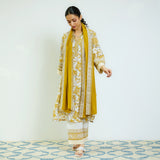 Ochre Yellow Sanganeri Printed Cotton Kurta Set with Contrast Mul Cotton Dupatta