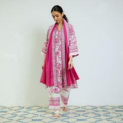 Rani Pink Sanganeri Printed Cotton Kurta Set with Contrast Mul Cotton Dupatta