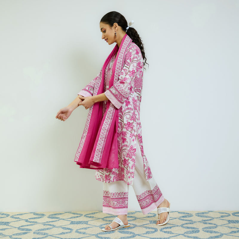 Rani Pink Sanganeri Printed Cotton Kurta Set with Contrast Mul Cotton Dupatta