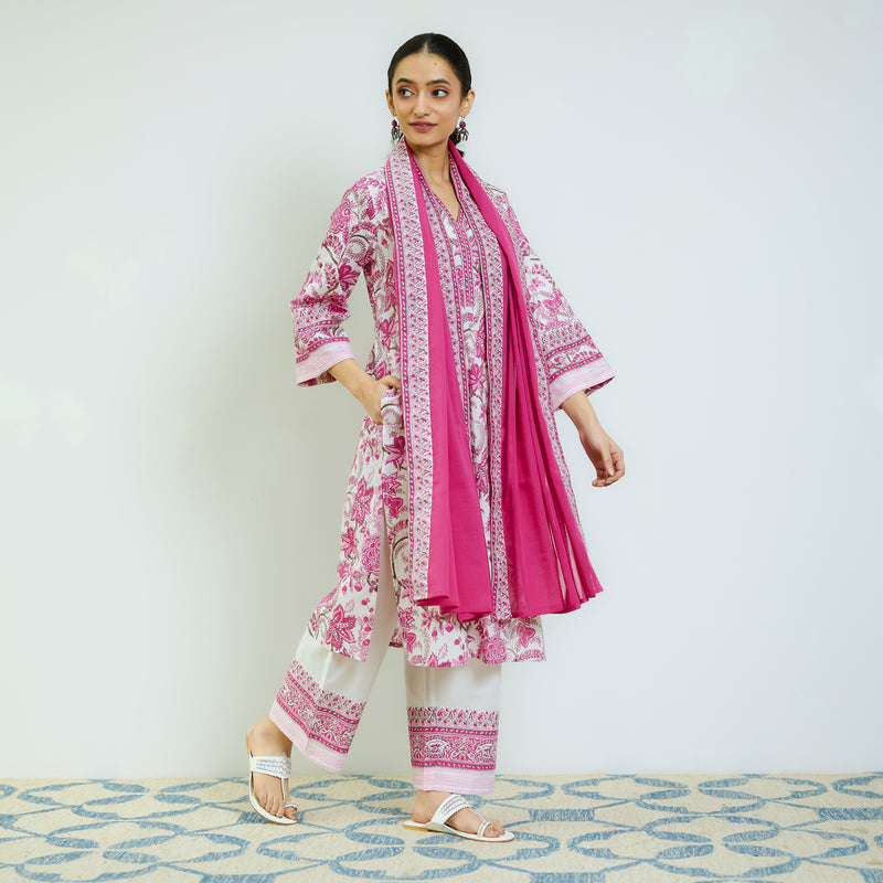 Rani Pink Sanganeri Printed Cotton Kurta Set with Contrast Mul Cotton Dupatta