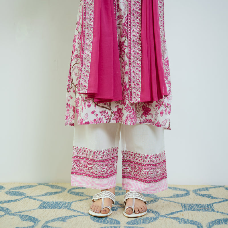 Rani Pink Sanganeri Printed Cotton Kurta Set with Contrast Mul Cotton Dupatta