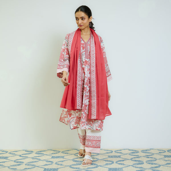 Peach Red Sanganeri Printed Cotton Kurta Set with Contrast Mul Cotton Dupatta