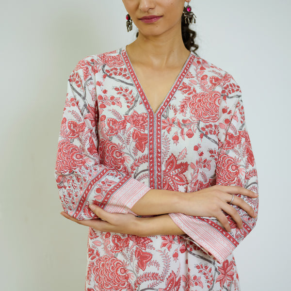 Peach Red Sanganeri Printed Cotton Kurta Set with Contrast Mul Cotton Dupatta