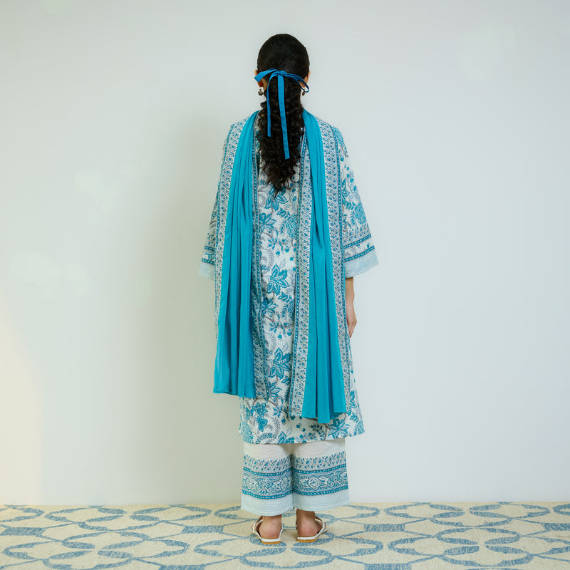 Ocean Blue Sanganeri Printed Cotton Kurta Set with Contrast Mul Cotton Dupatta