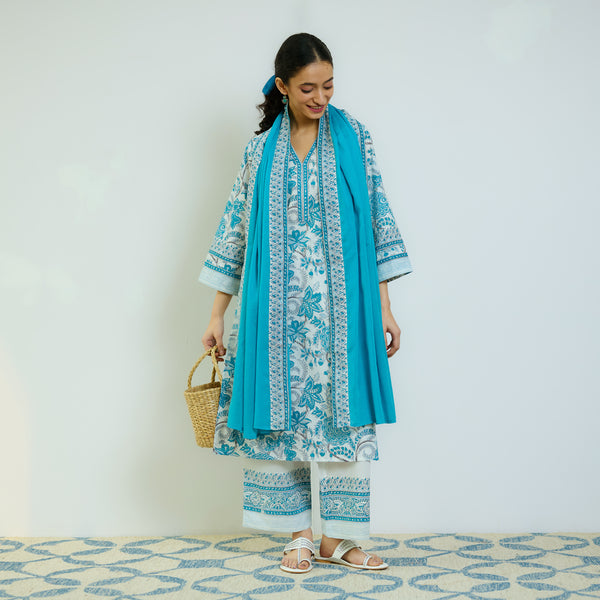 Ocean Blue Sanganeri Printed Cotton Kurta Set with Contrast Mul Cotton Dupatta