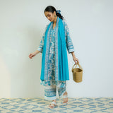 Ocean Blue Sanganeri Printed Cotton Kurta Set with Contrast Mul Cotton Dupatta