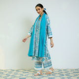 Ocean Blue Sanganeri Printed Cotton Kurta Set with Contrast Mul Cotton Dupatta