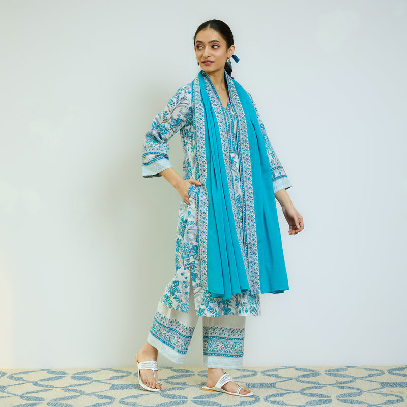 Ocean Blue Sanganeri Printed Cotton Kurta Set with Contrast Mul Cotton Dupatta