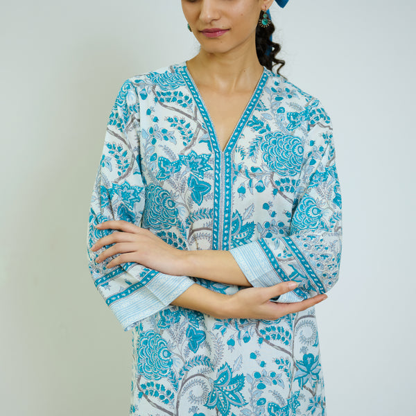 Ocean Blue Sanganeri Printed Cotton Kurta Set with Contrast Mul Cotton Dupatta