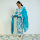 Ocean Blue Sanganeri Printed Cotton Kurta Set with Contrast Mul Cotton Dupatta