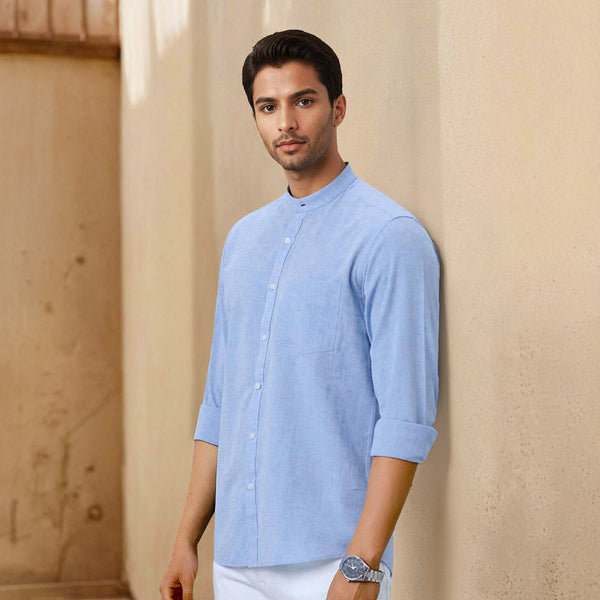 Sky Blue Mandarin Collar Solid Linen Cotton Shirt for Men