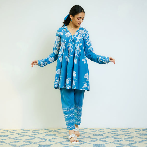 Layla Electric Blue Cotton Co-ord Set with Churidar Sleeve