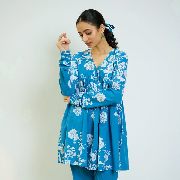 Layla Electric Blue Cotton Co-ord Set with Churidar Sleeve