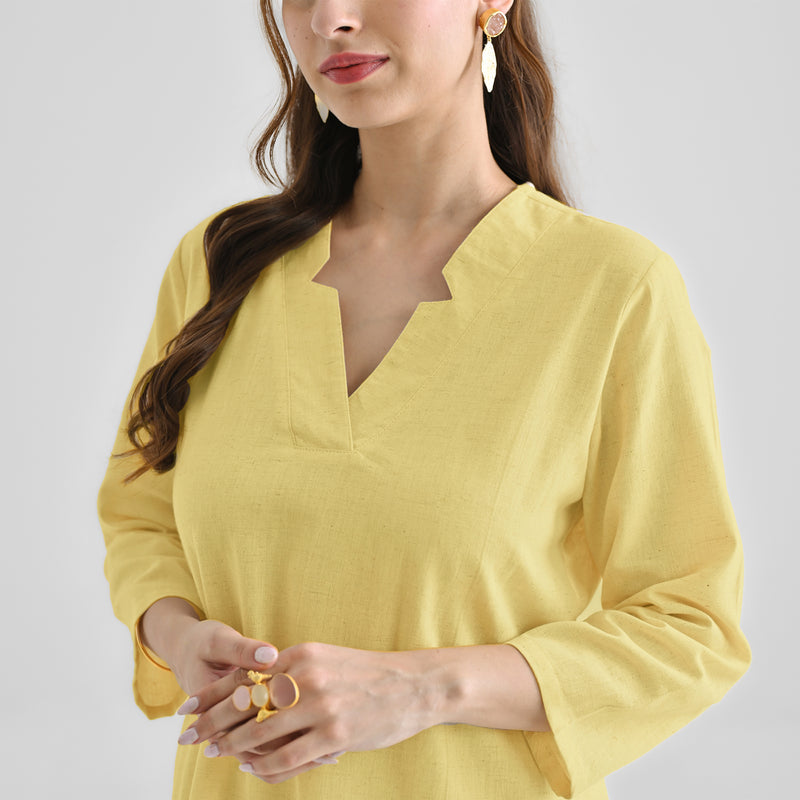 Yellow Linen Cotton Kurta with Notch V Neckline Detail