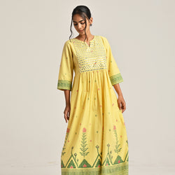 Mango Yellow Linen Cotton Jamdani Printed Kurta with Embroidery